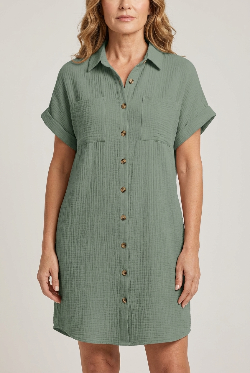 V Neck Mini Dress Three Quarter Sleeve Cotton Linen Blend