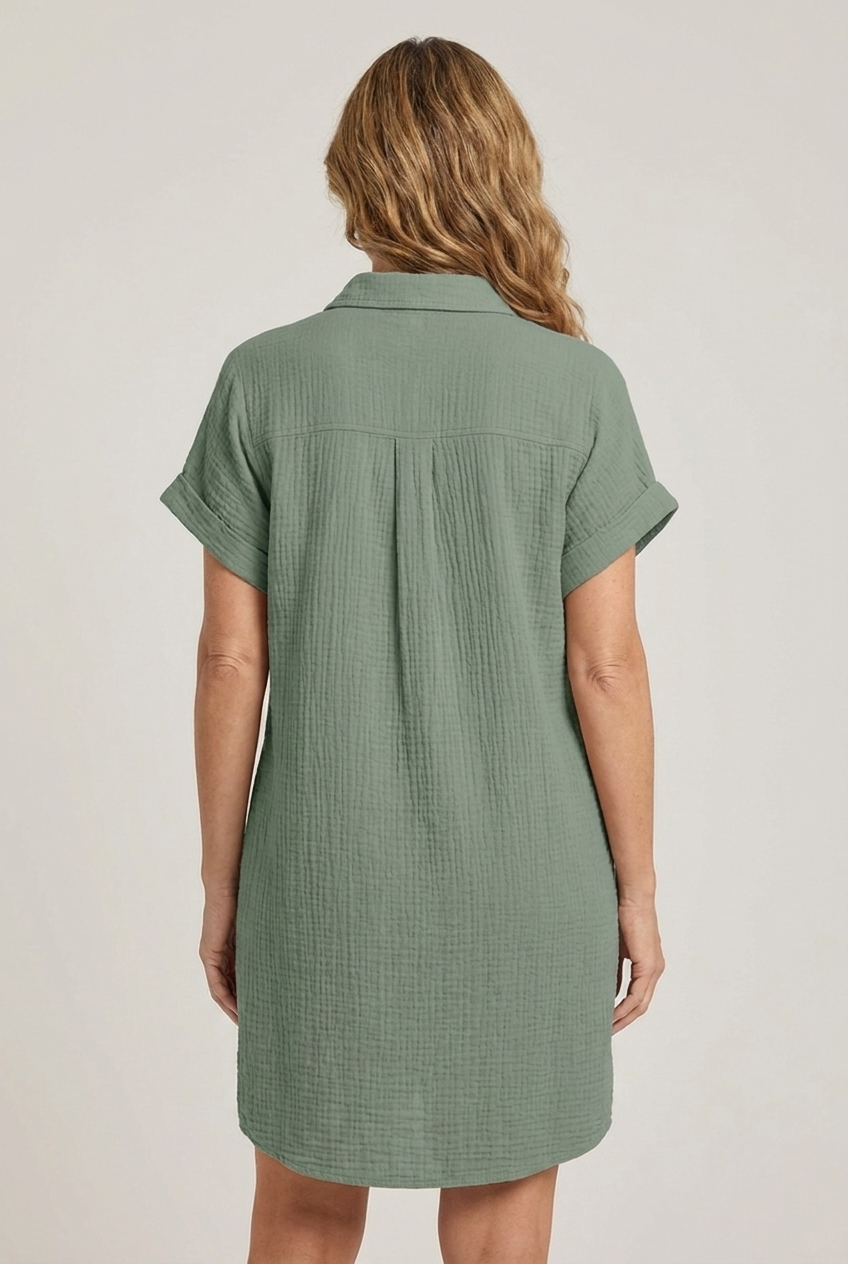 V Neck Mini Dress Three Quarter Sleeve Cotton Linen Blend