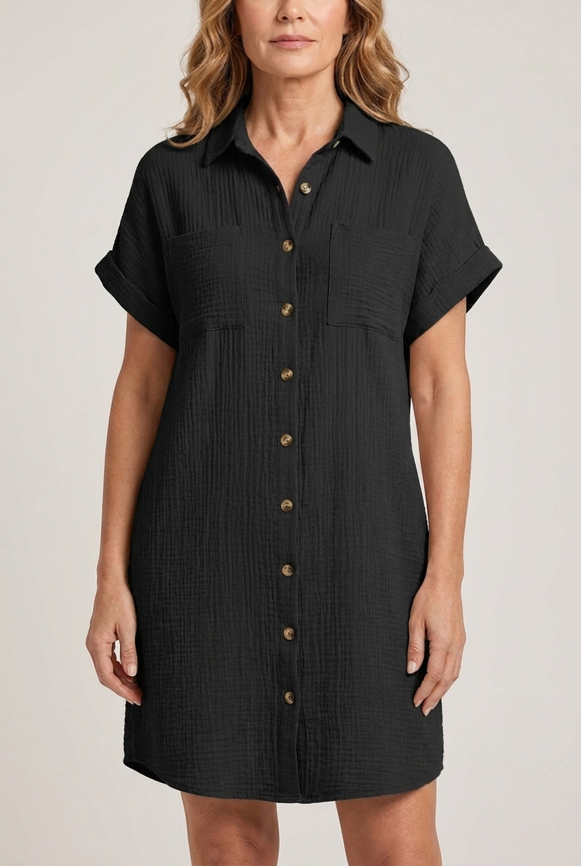 V Neck Mini Dress Three Quarter Sleeve Cotton Linen Blend