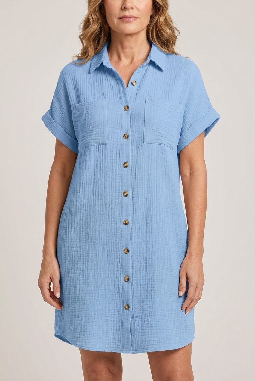 V Neck Mini Dress Three Quarter Sleeve Cotton Linen Blend