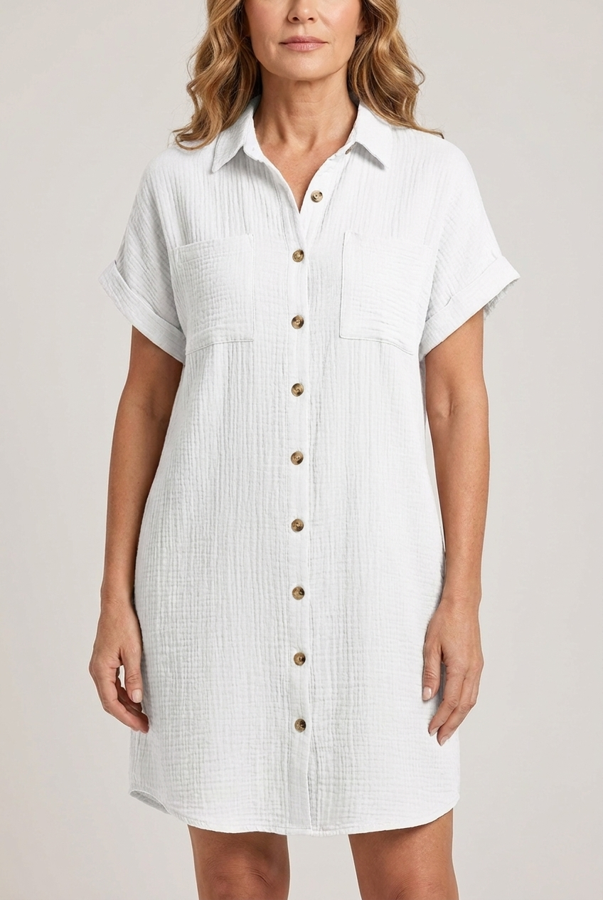 V Neck Mini Dress Three Quarter Sleeve Cotton Linen Blend