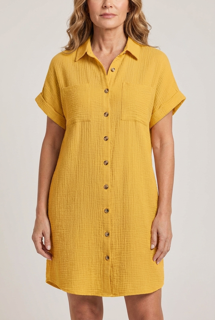 V Neck Mini Dress Three Quarter Sleeve Cotton Linen Blend