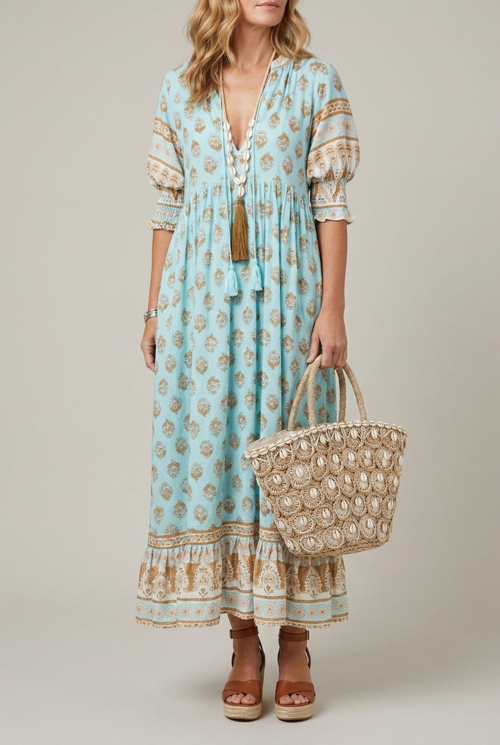 Floral V Neck Maxi Dress Printed Short Sleeve