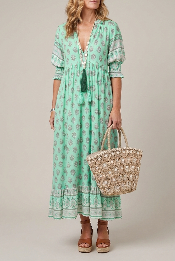 Floral V Neck Maxi Dress Printed Short Sleeve
