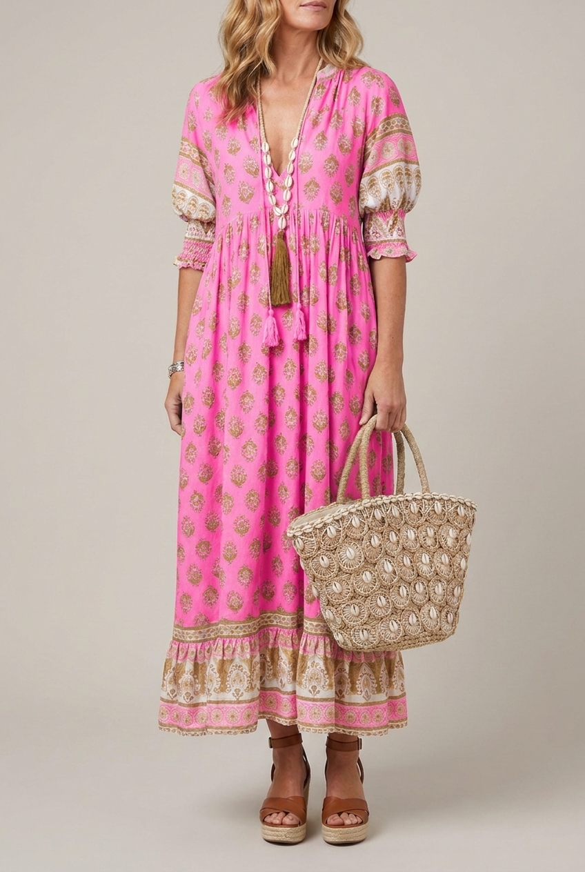 Floral V Neck Maxi Dress Printed Short Sleeve