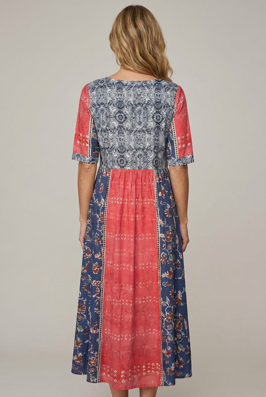 Bohemia Print Maxi Dress Round Neck Short Sleeve