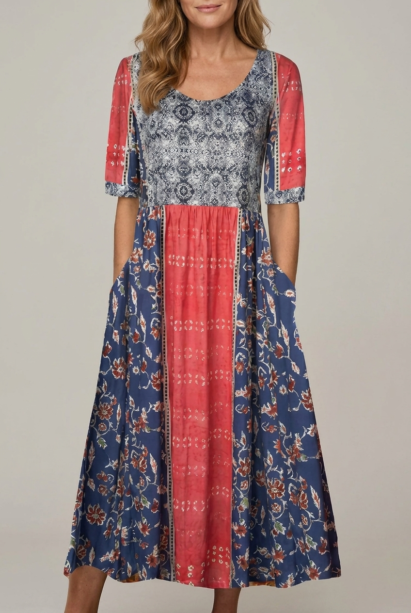 Bohemia Print Maxi Dress Round Neck Short Sleeve
