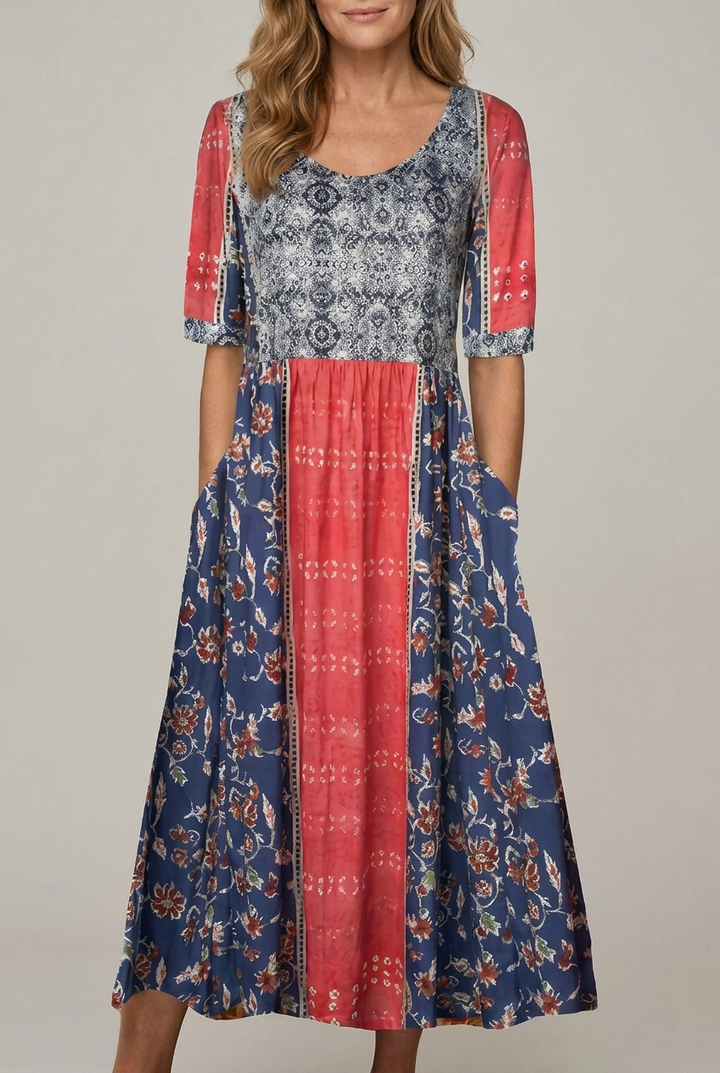 Bohemia Print Maxi Dress Round Neck Short Sleeve