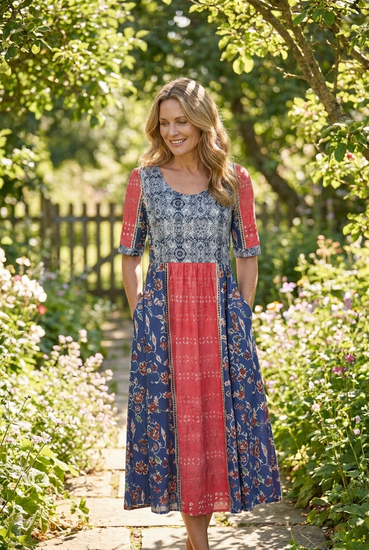 Bohemia Print Maxi Dress Round Neck Short Sleeve