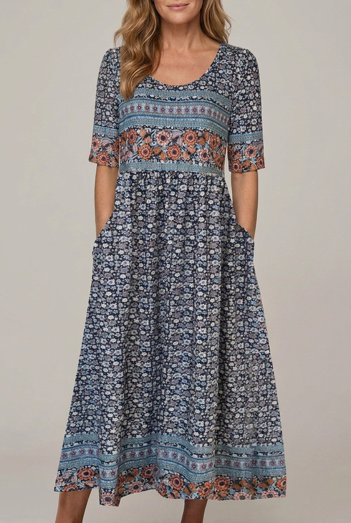 Bohemia Print Maxi Dress Round Neck Short Sleeve