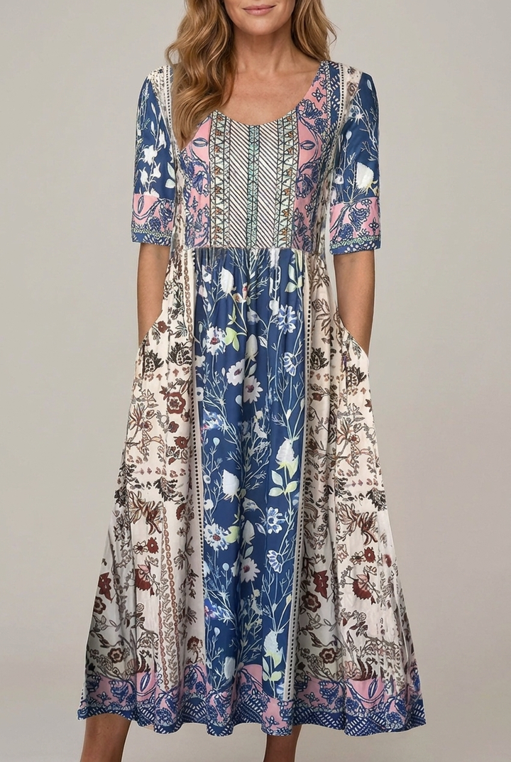 Bohemia Print Maxi Dress Round Neck Short Sleeve
