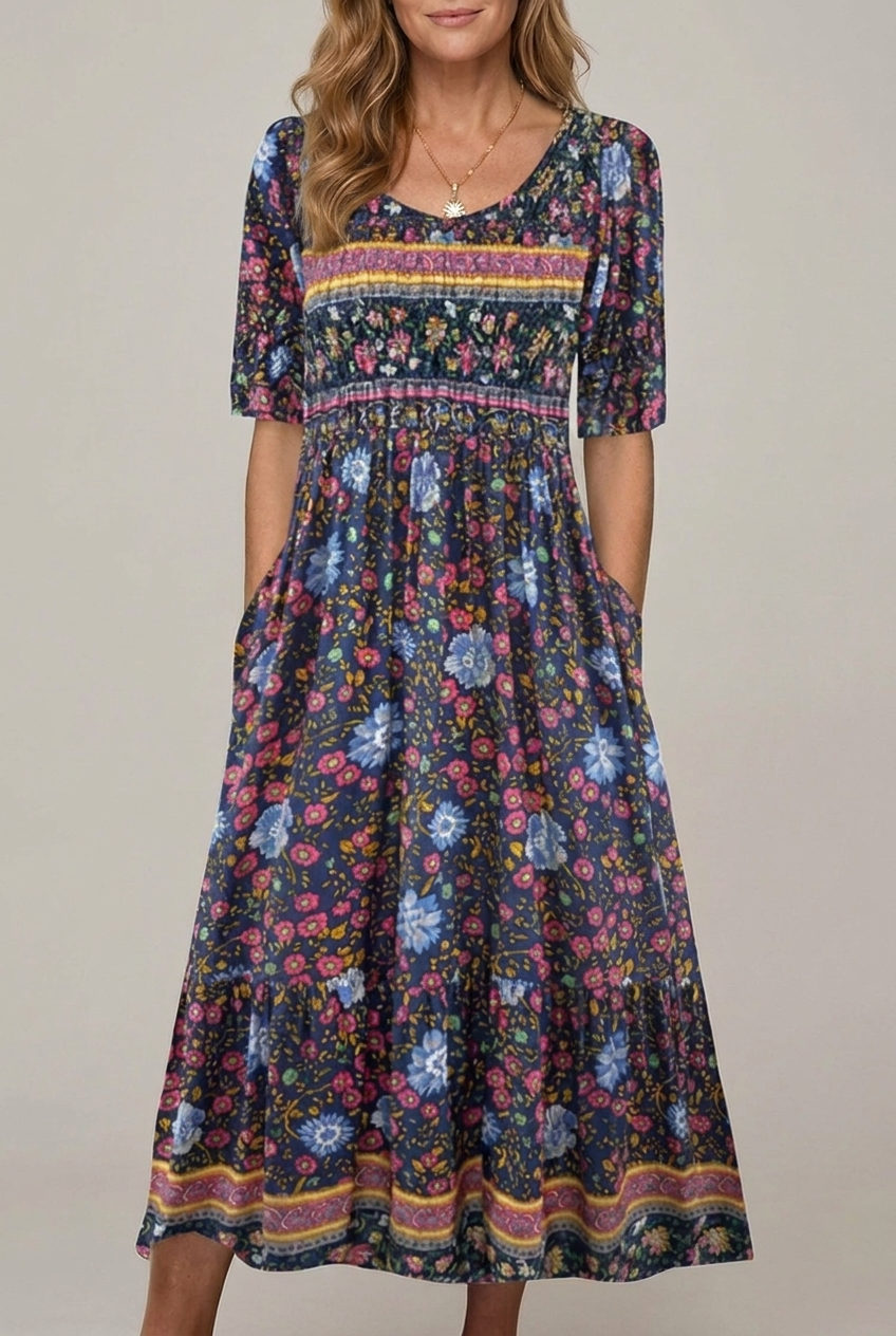 Bohemia Print Maxi Dress Round Neck Short Sleeve
