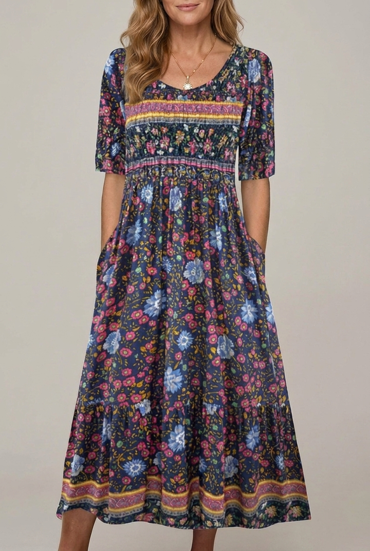 Bohemia Print Maxi Dress Round Neck Short Sleeve
