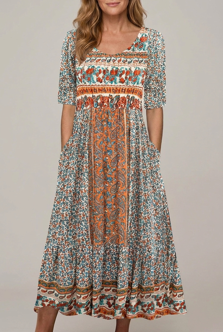 Bohemia Print Maxi Dress Round Neck Short Sleeve