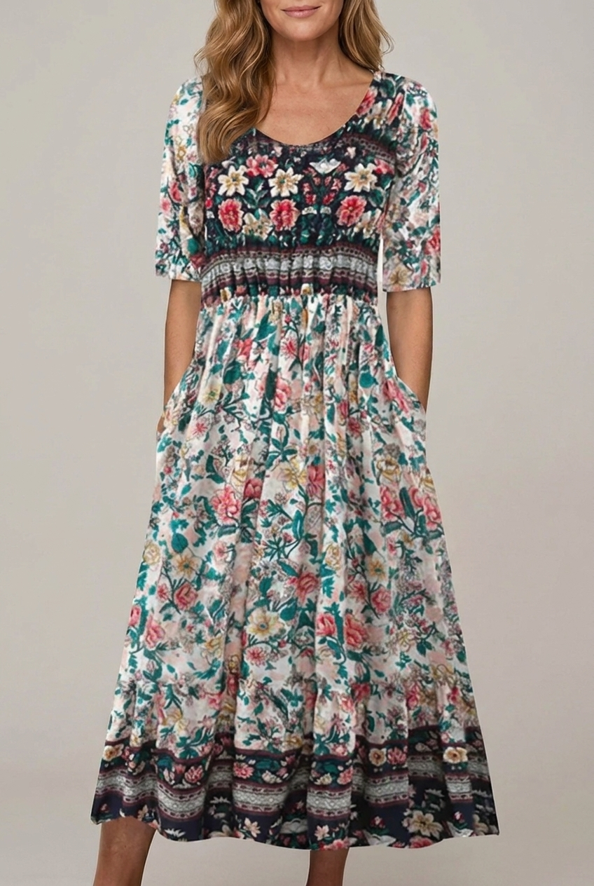 Bohemia Print Maxi Dress Round Neck Short Sleeve