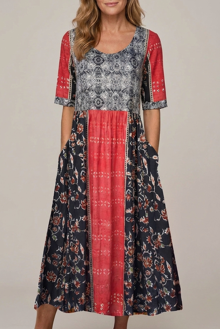 Bohemia Print Maxi Dress Round Neck Short Sleeve