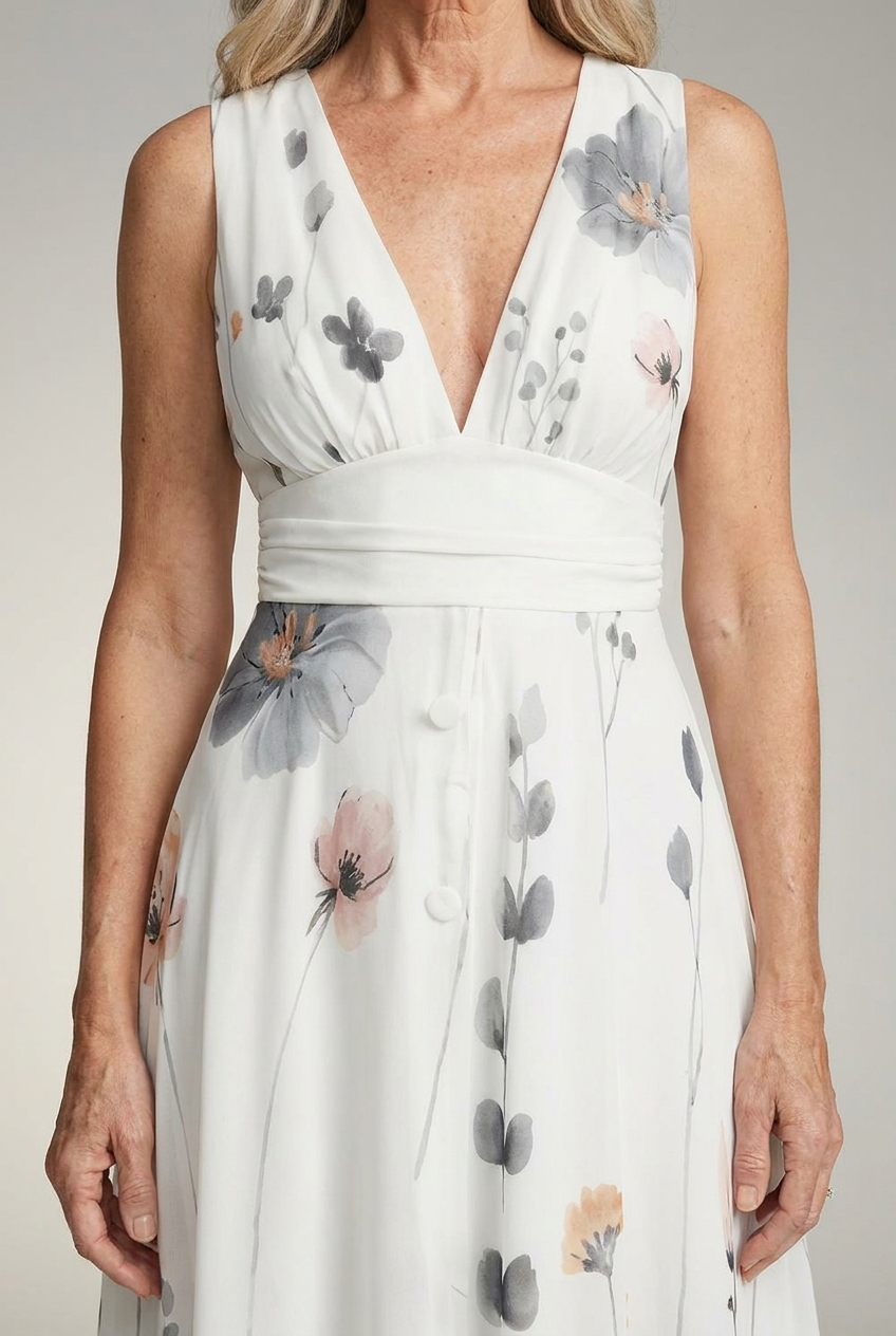 Floral V Neck Maxi Dress Sleeveless Flowing Fit