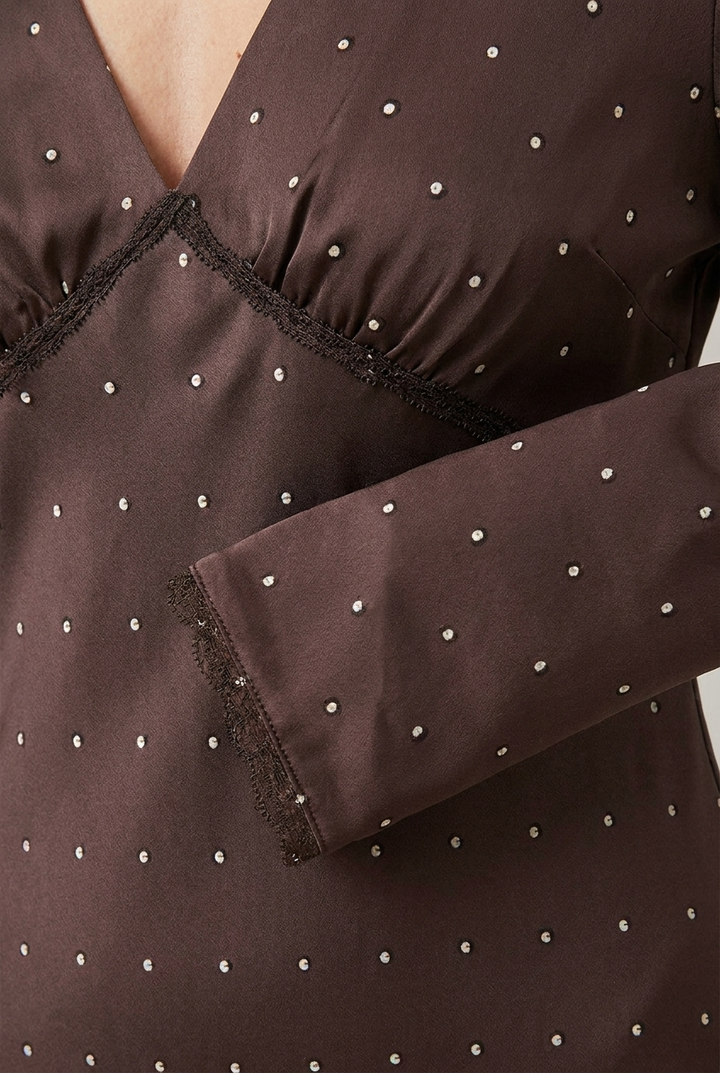 Polka Dot Satin Maxi Dress Lace Detail Long Sleeve