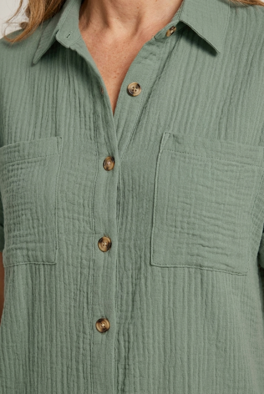 V Neck Mini Dress Three Quarter Sleeve Cotton Linen Blend
