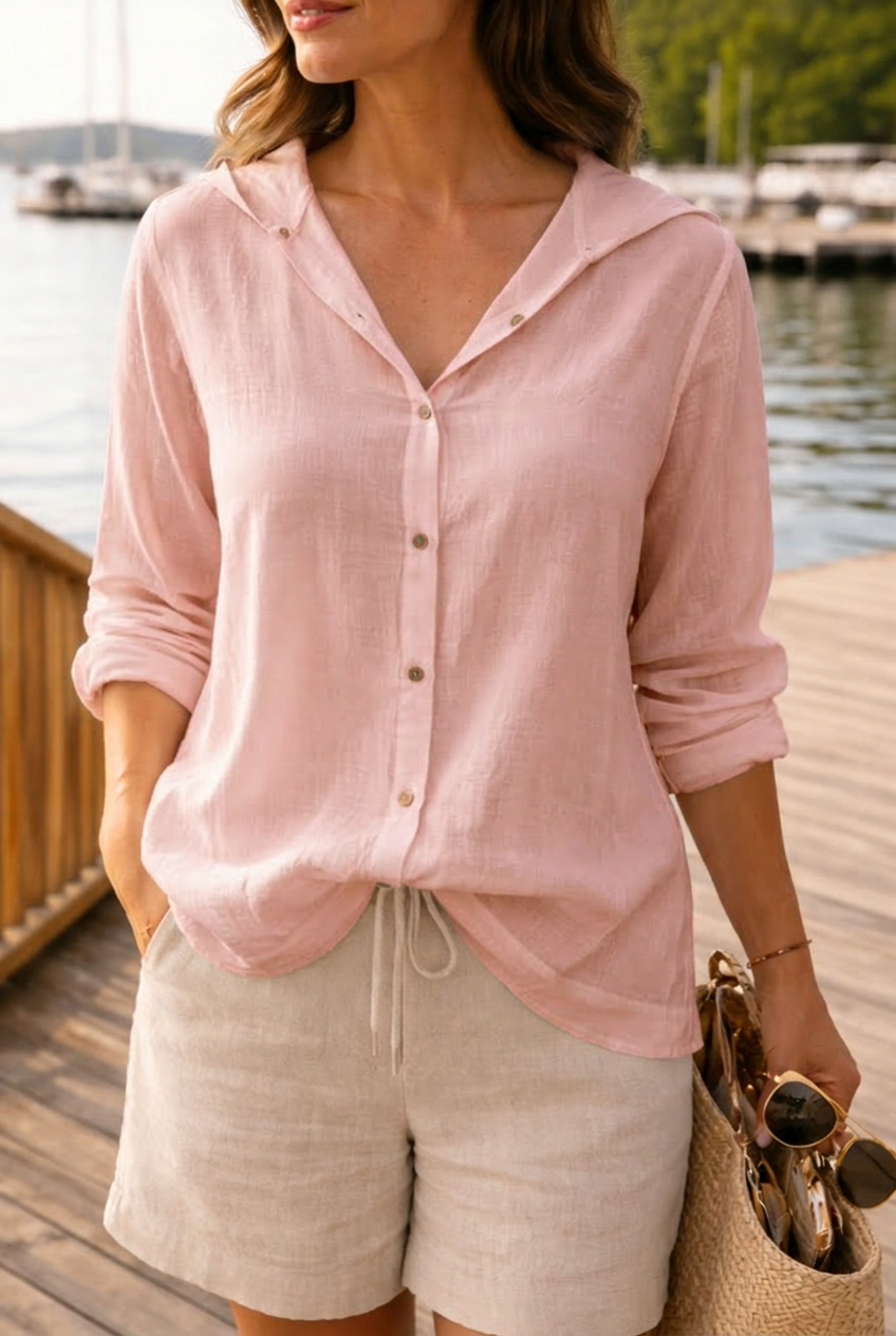 Hooded Button Down Shirt with Gold Buttons and Roll Up Sleeves