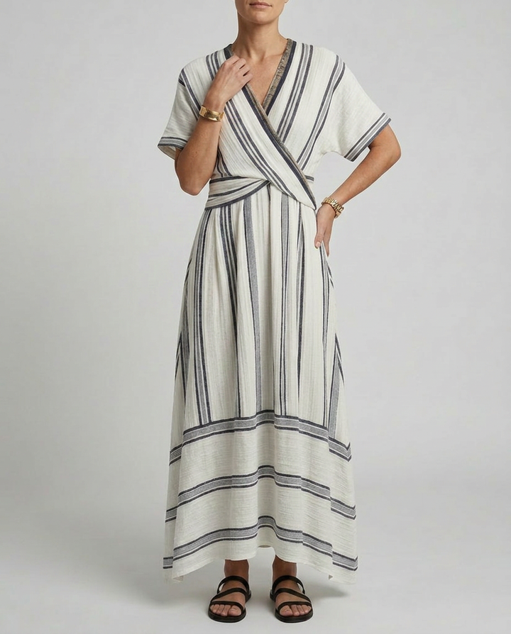 Tie Front Midi Dress with V Neckline and Relaxed Fit