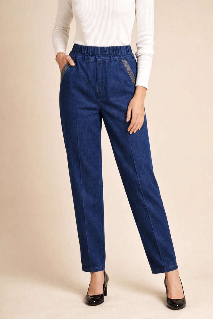 Womens Elastic Waist Straight Leg Denim Trousers Embroidered Detail