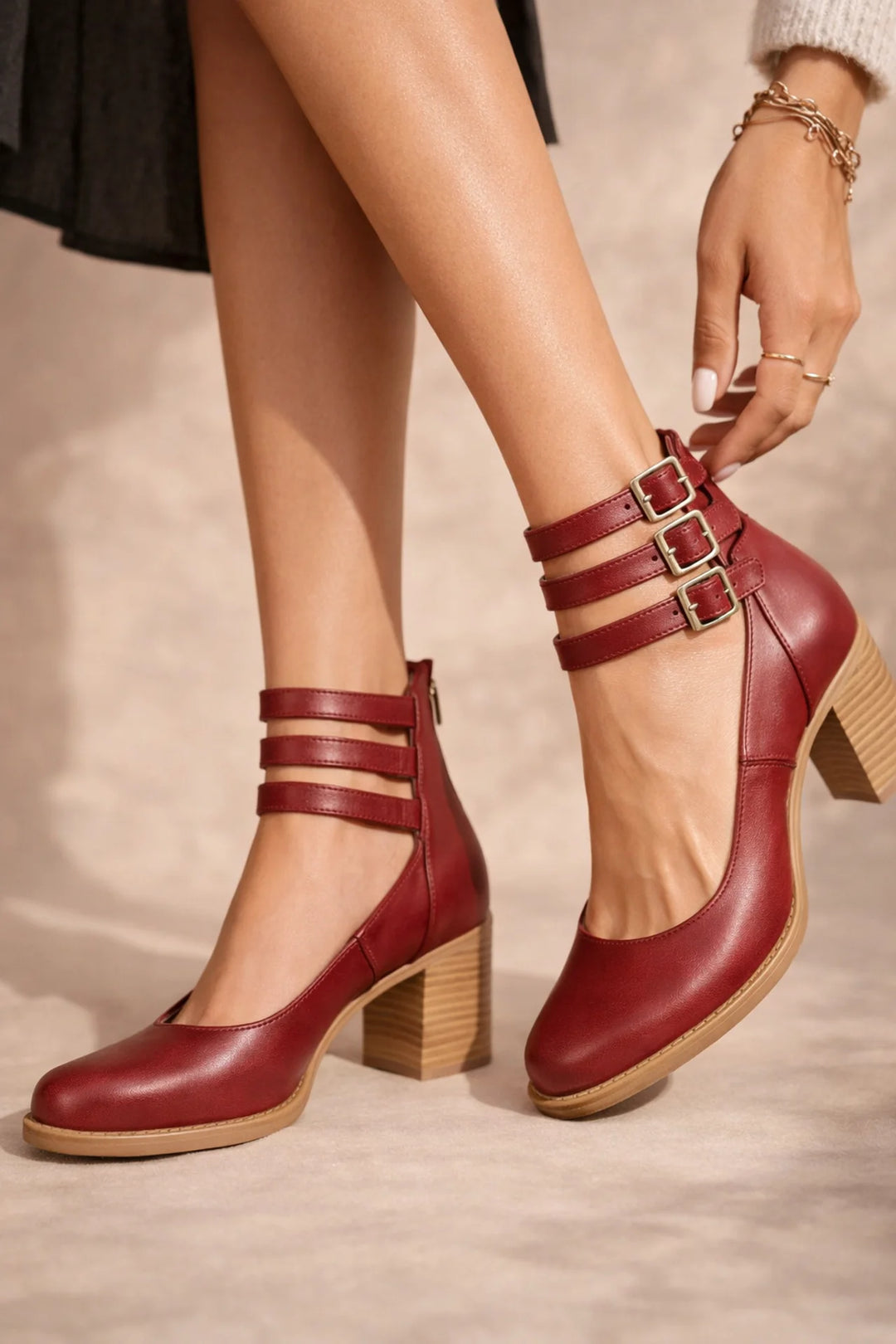 Womens Strappy Ankle Strap Block Heel Boots