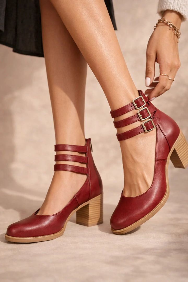 Womens Strappy Ankle Strap Block Heel Boots