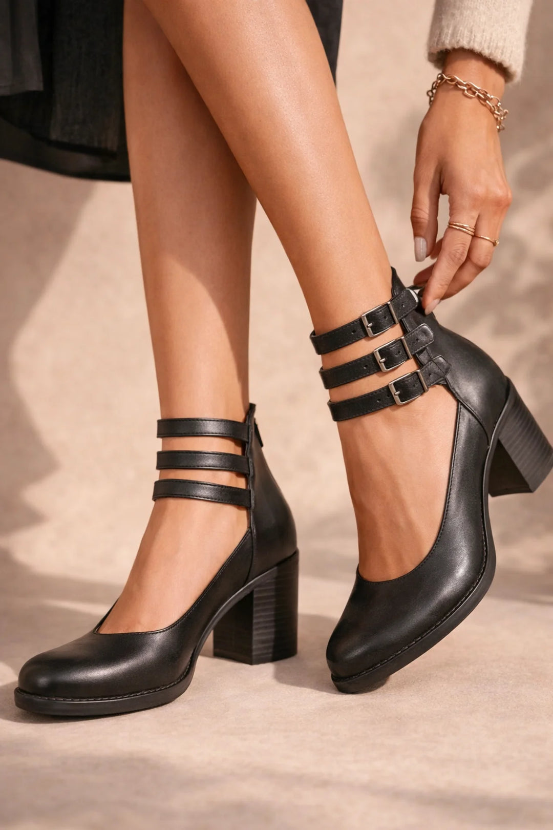 Womens Strappy Ankle Strap Block Heel Boots