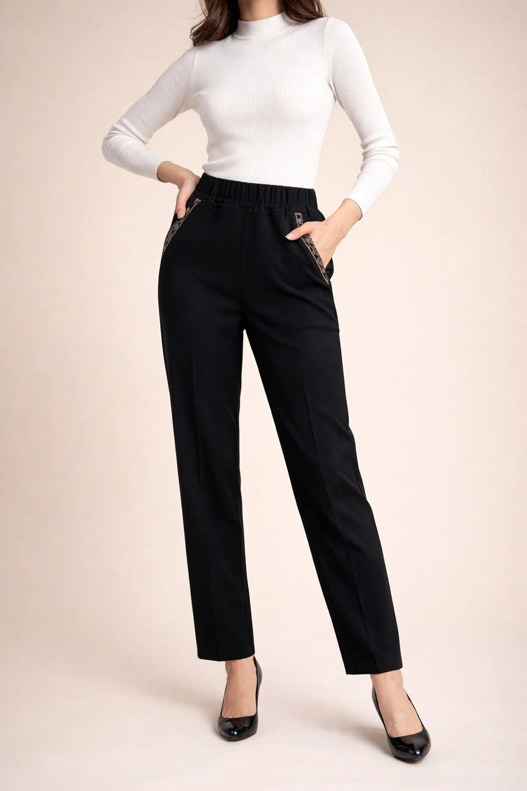 Womens Elastic Waist Straight Leg Denim Trousers Embroidered Detail