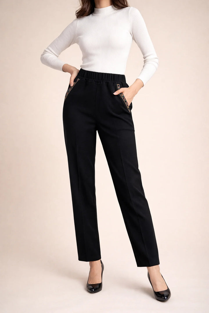 Womens Elastic Waist Straight Leg Denim Trousers Embroidered Detail