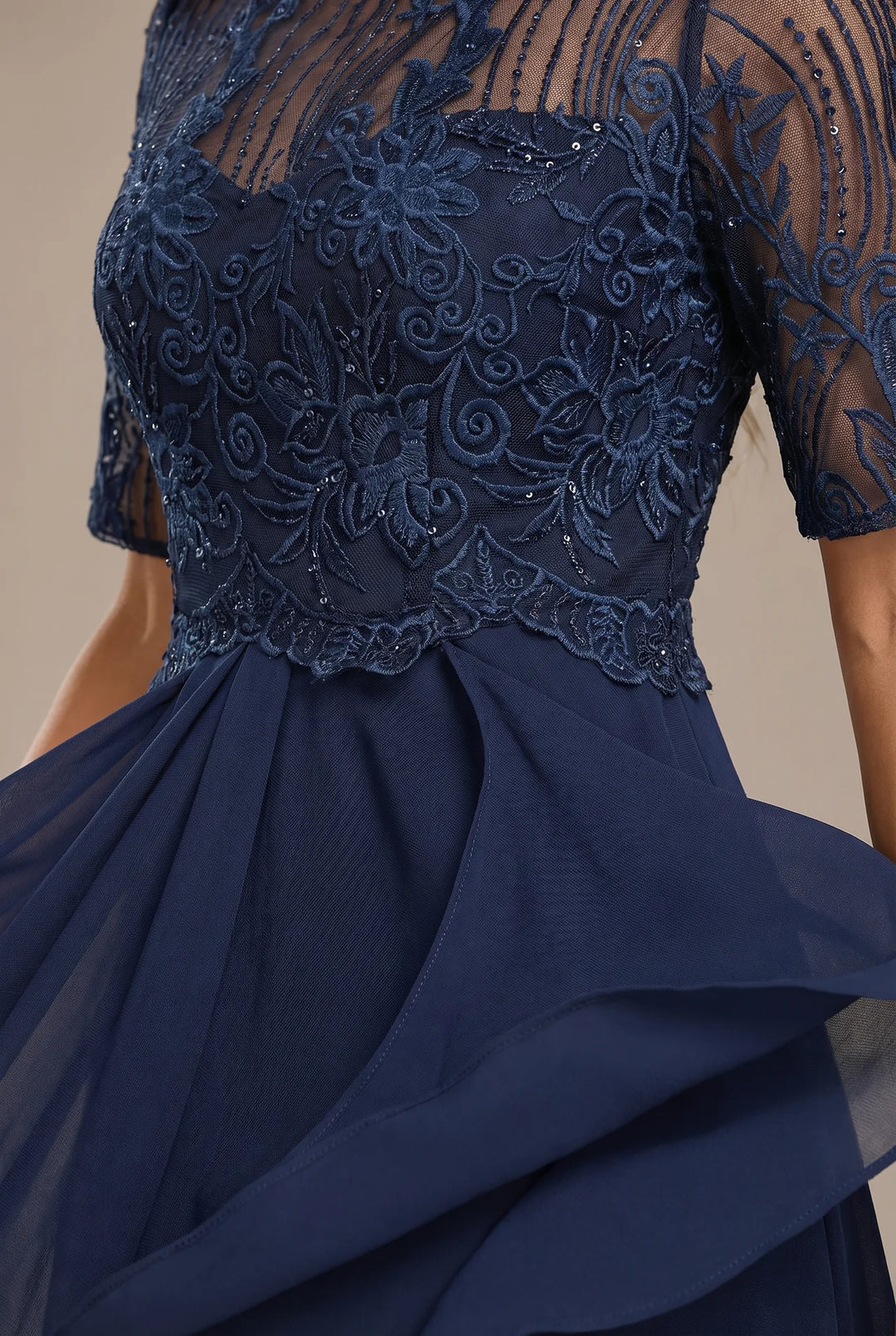 Navy Lace Short Sleeve Round Neck Midi Dress