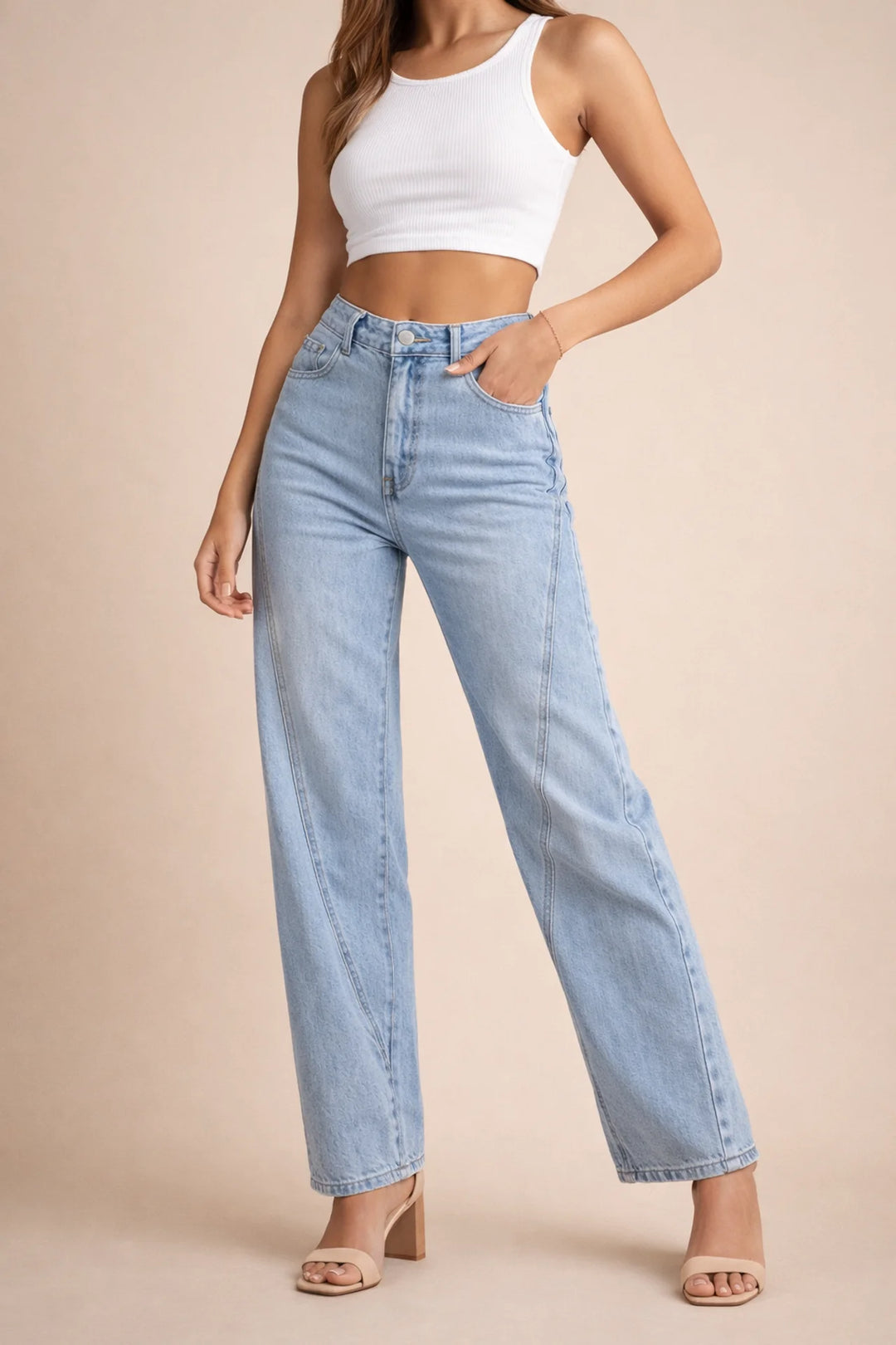 Womens High Waist Wide Leg Denim Jeans with Seam Detail