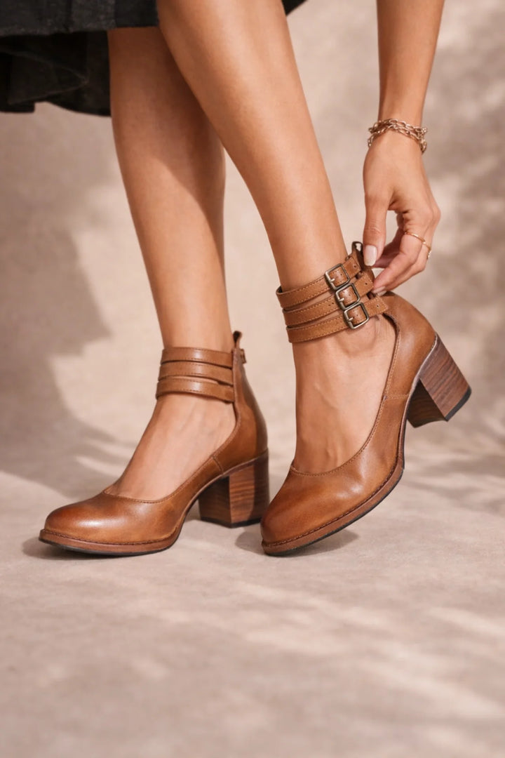 Womens Strappy Ankle Strap Block Heel Boots