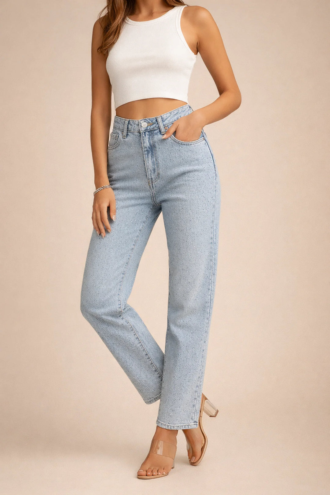 Womens Rhinestone Embellished Straight Leg Jeans