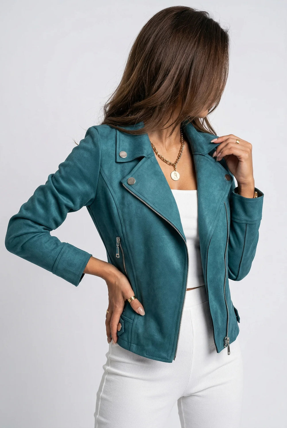 Womens Classic Cropped Biker Jacket Suede Finish