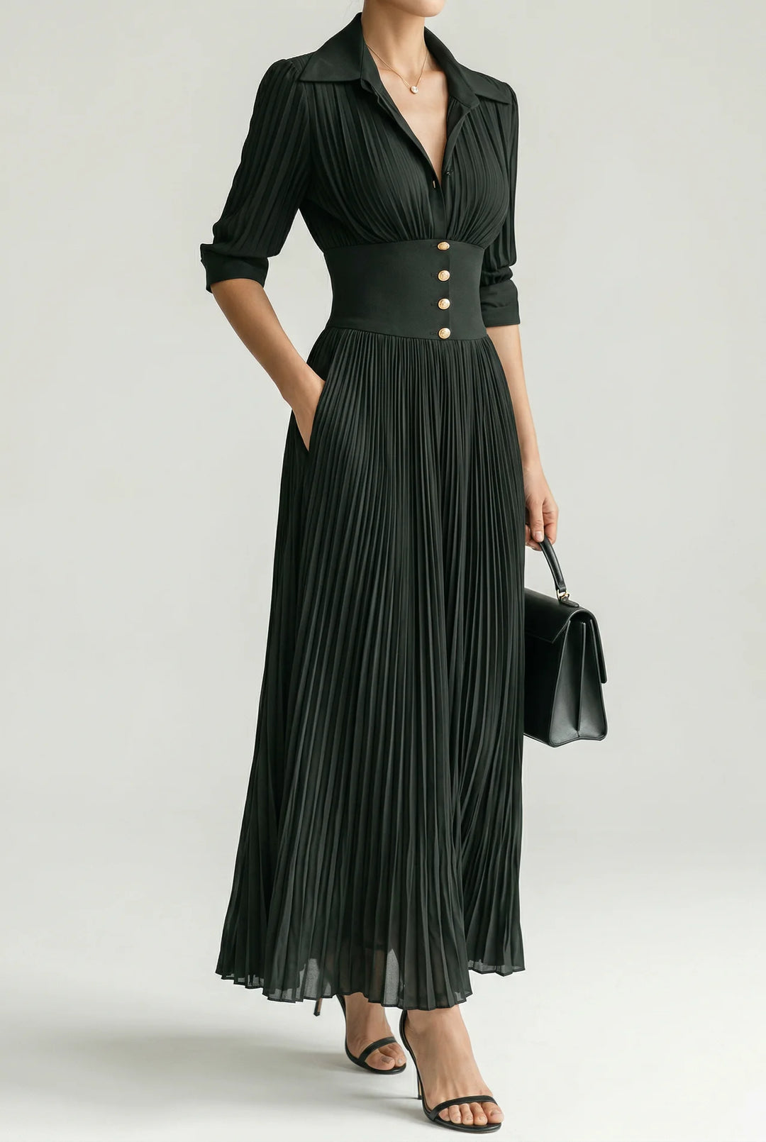 Elegant Pleated Lapel Waist Maxi Dress with Belt