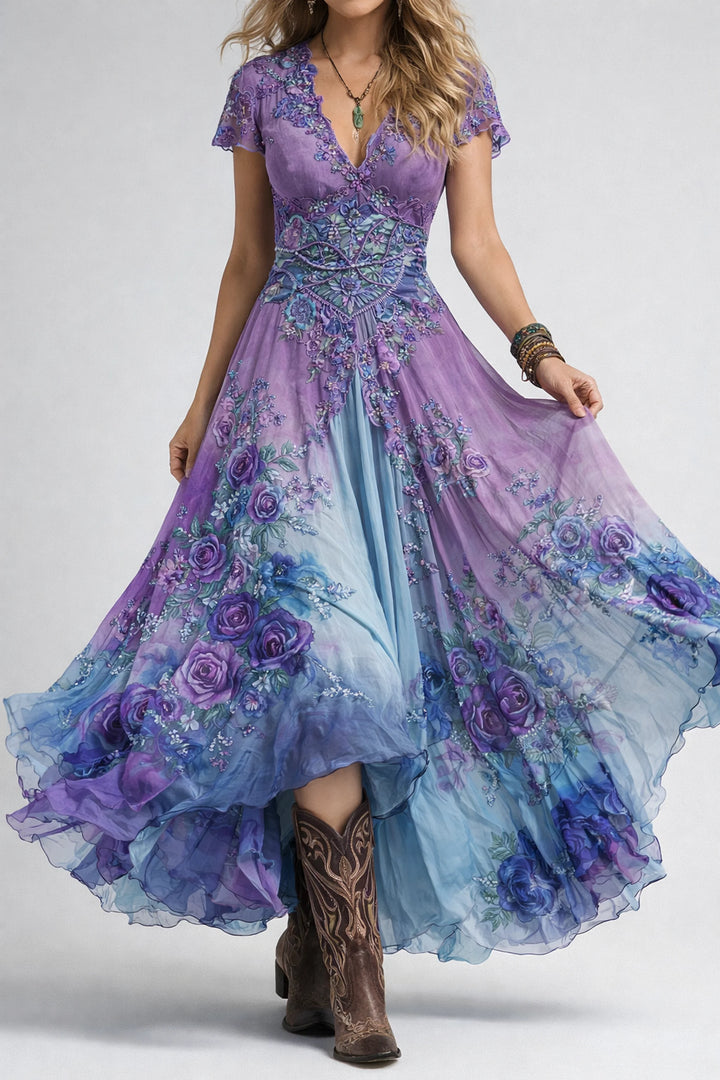 Gradient Floral Print Maxi Dress with Flowing Fit