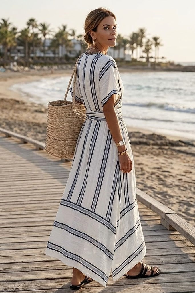 Relaxed Midi Tie Front V Neck Summer Dress