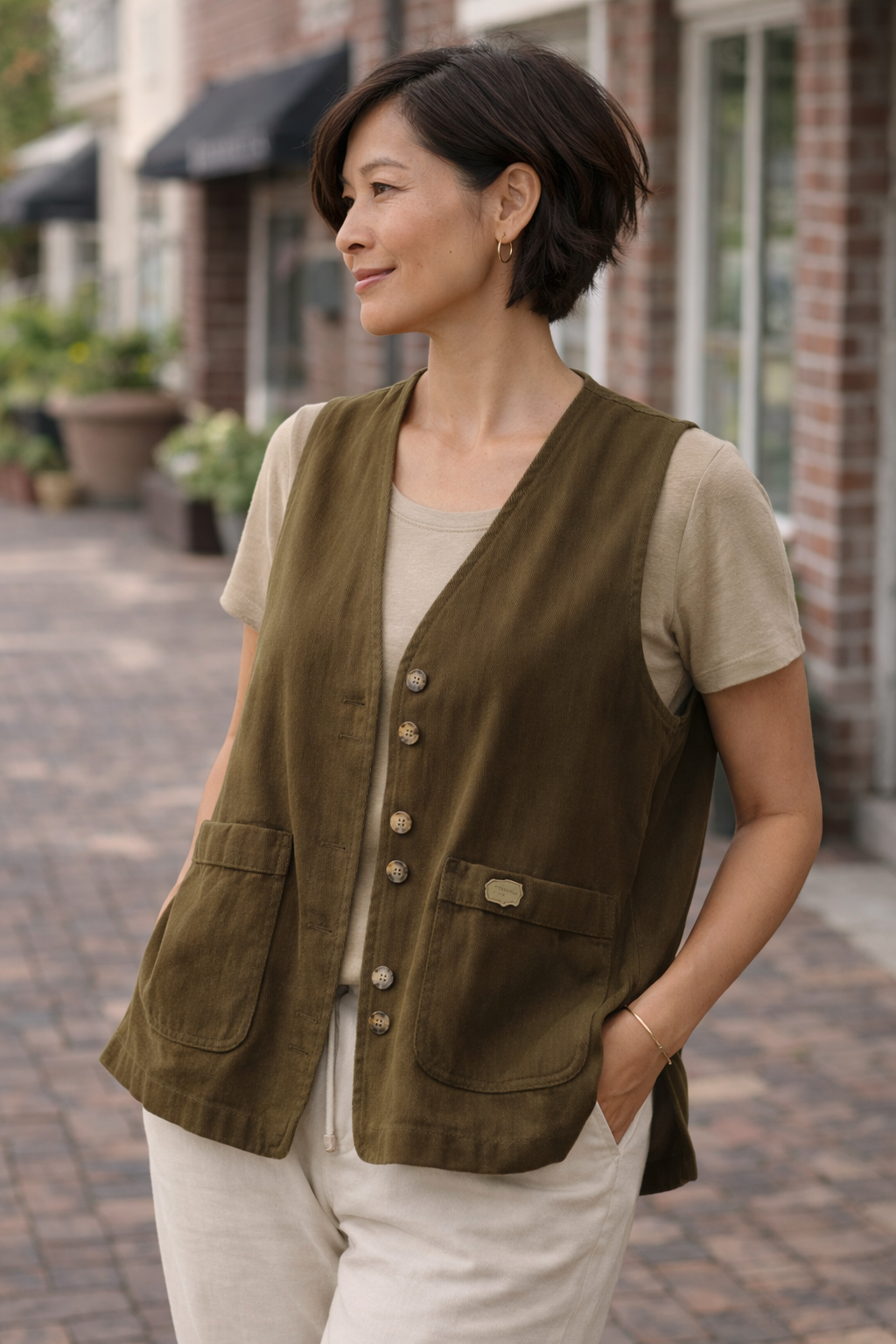 Womens Relaxed Button Vest Layering Piece