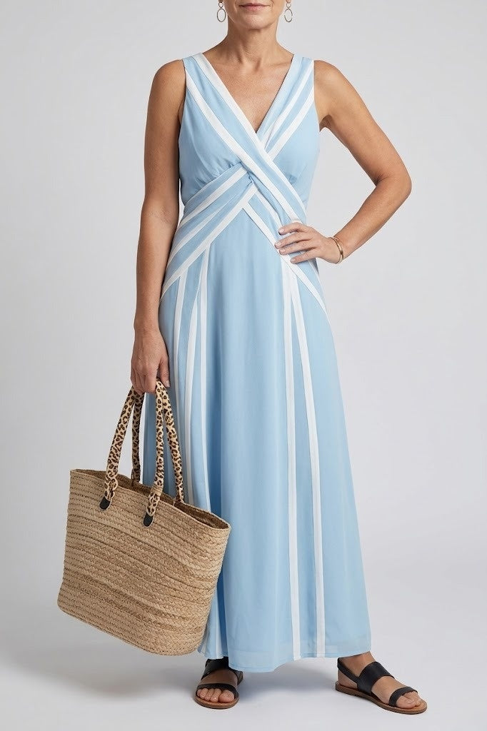 Sleeveless V Neck Maxi Dress Blue White Stripe Detail Summer