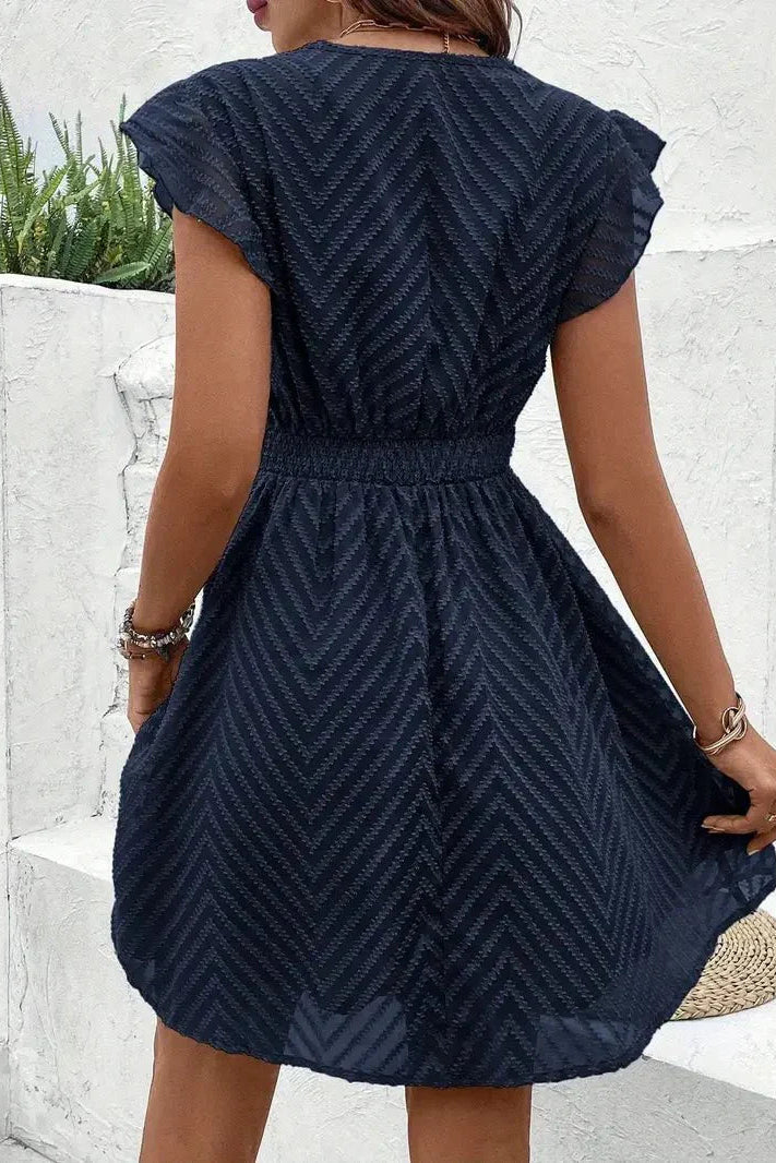 Flutter Sleeve Deep V Neck Mini Dress Chevron Texture Crochet Trim Summer Boho