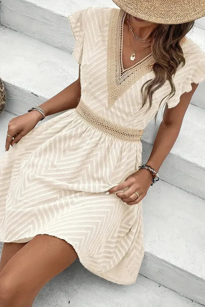 Flutter Sleeve Deep V Neck Mini Dress Chevron Texture Crochet Trim Summer Boho