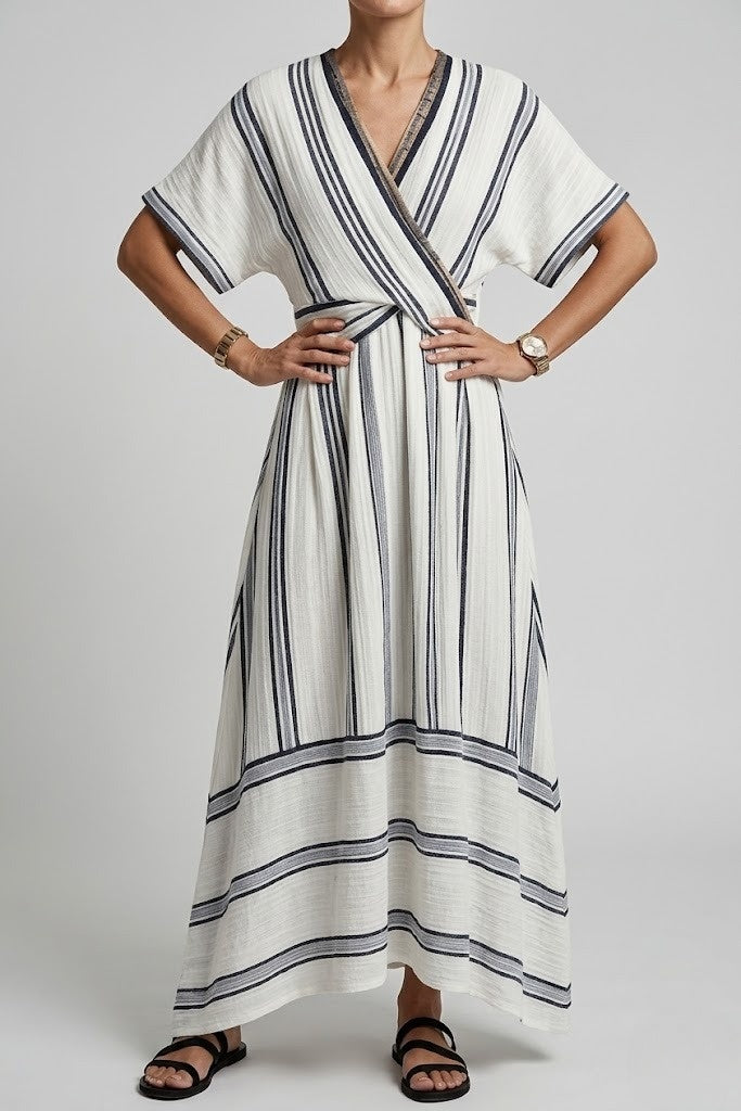Relaxed Midi Tie Front V Neck Summer Dress