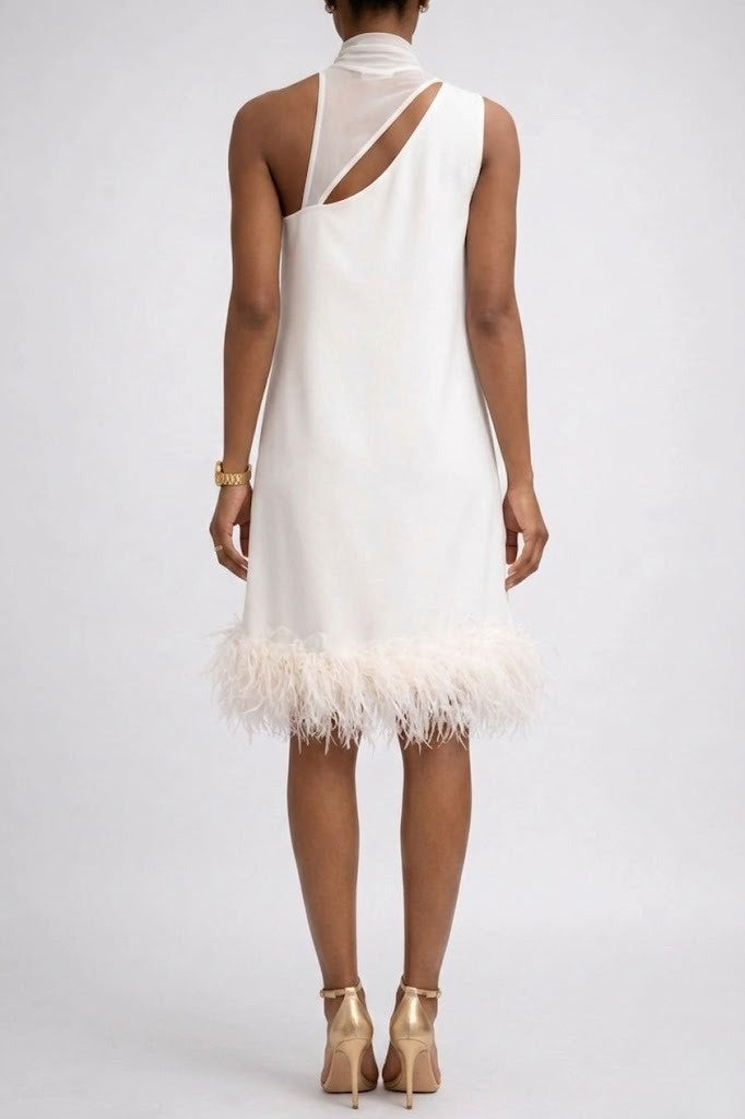 Elegant Sleeveless Midi Dress with Feather Hem Detail