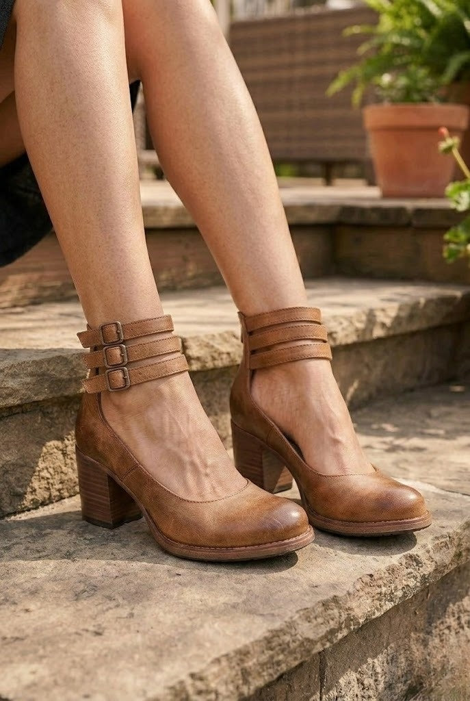 Womens Strappy Ankle Strap Block Heel Boots